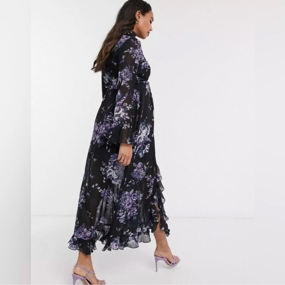 ASOS Black Ruffle Trim Purple Floral Double Front Slit Maxi Dress sz 4 - Picture 11 of 11